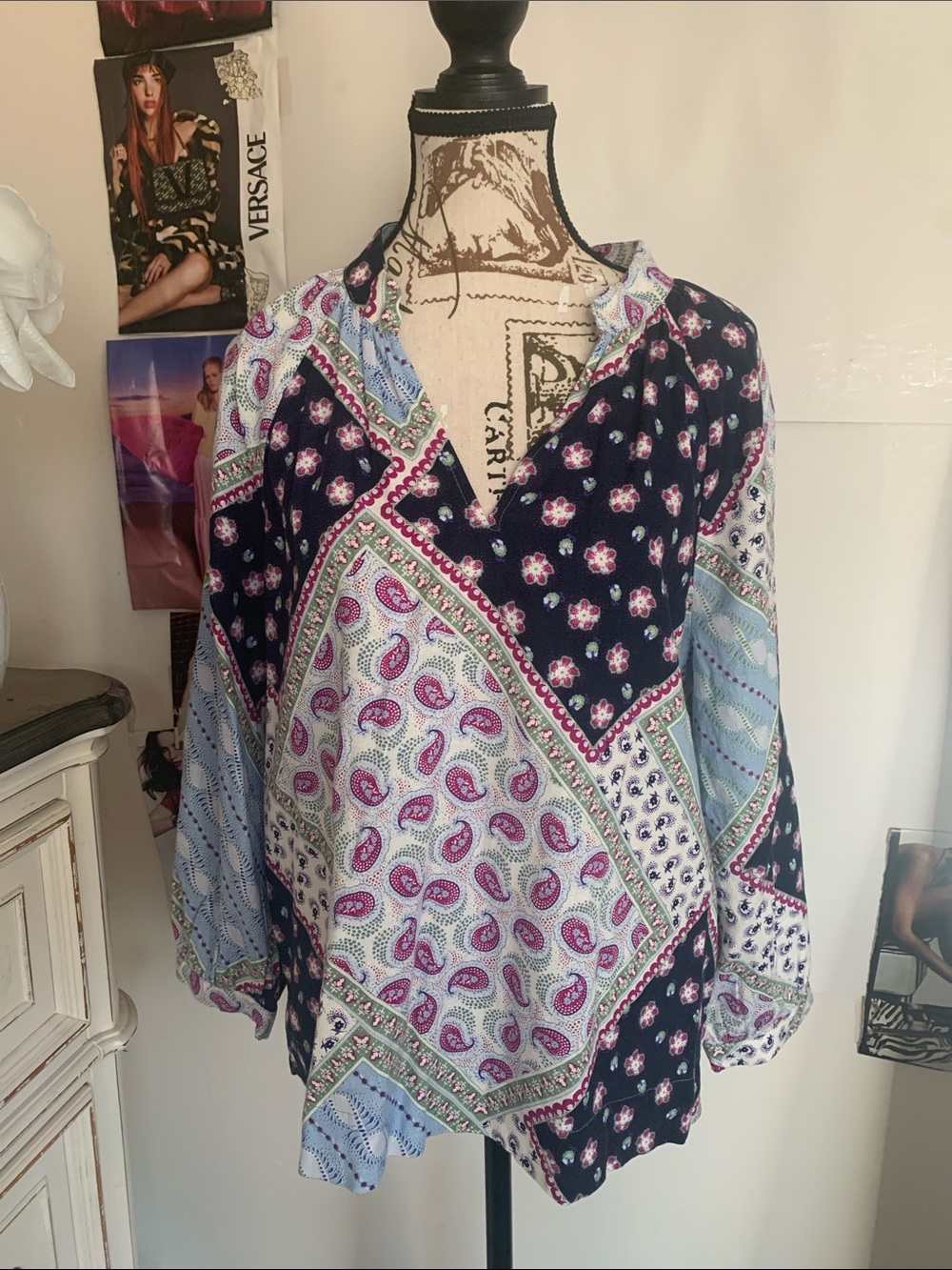 LOFT Navy, Light Blue & Pink Patchwork Paisley Tunic